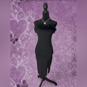 Elegant Black Off-Shoulder Dress with Feather Trim